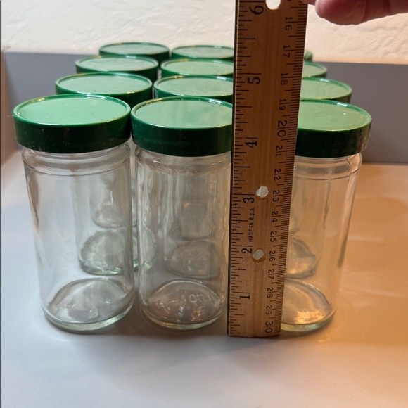 Set of 12 Vintage Glass Round Spice Jars W/ Green Lids, Approximately 4.5” Tall - Picture 3 of 8